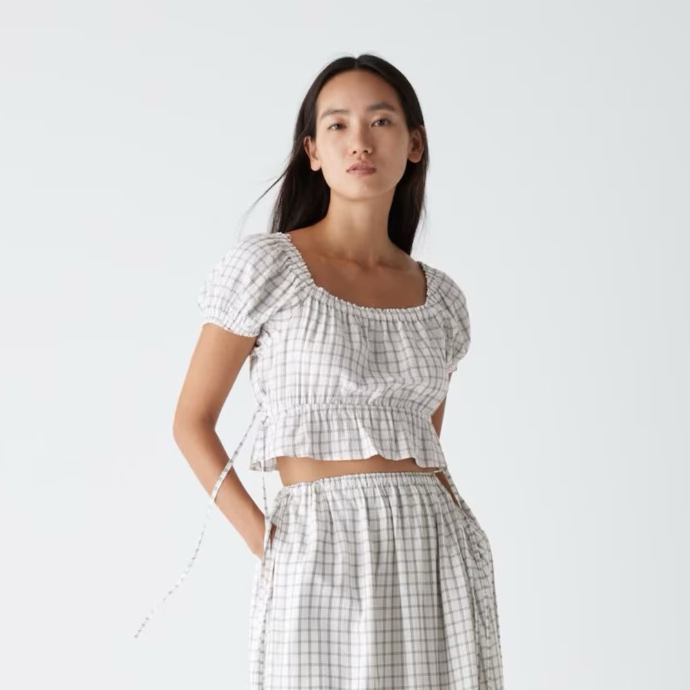 Uniqlo Gather Cropped Checked Short-Sleeve Blouse